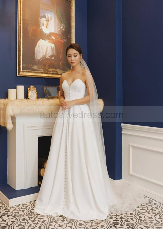 Button Front Strapless Ivory Satin Minimalist Wedding Dress